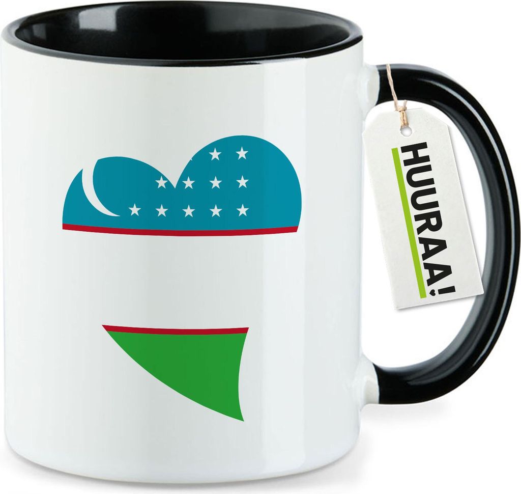 Huuraa Kaffeetasse Usbekistan Flagge Herz 330ml Schwarz Keramik Kaffeebecher Geschenkidee
