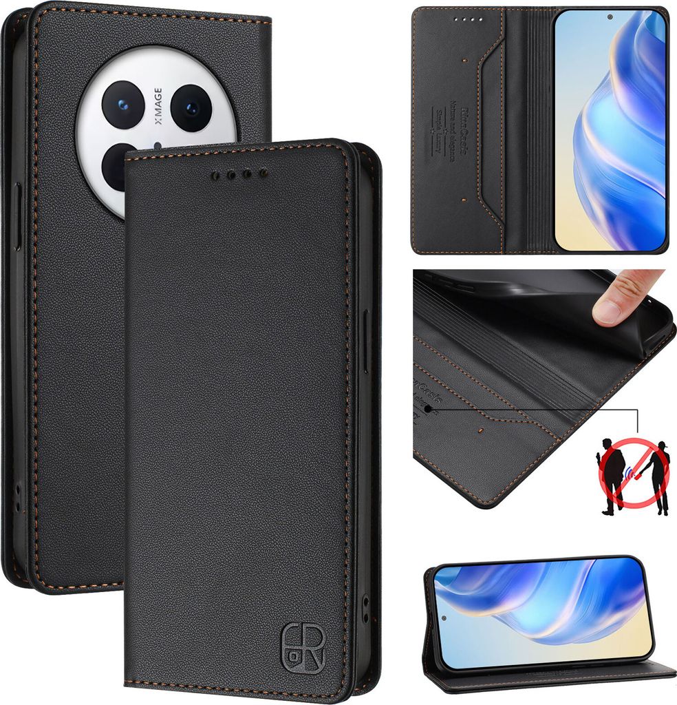 Lederhülle für Huawei Mate 70 Pro Hülle Flip Brieftasche Kartenfächern Ständer Schutzhülle Schwarz