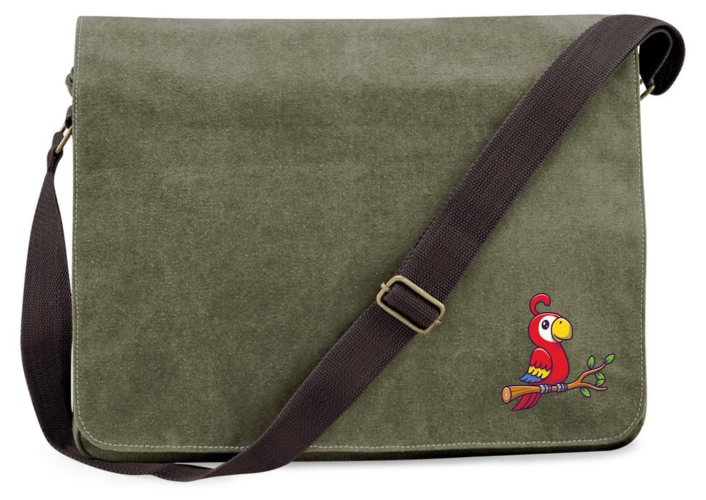 Huuraa Umhängetasche Papagei Ara Comic 14 Liter Military Green Canvas Laptoptasche Geschenkidee