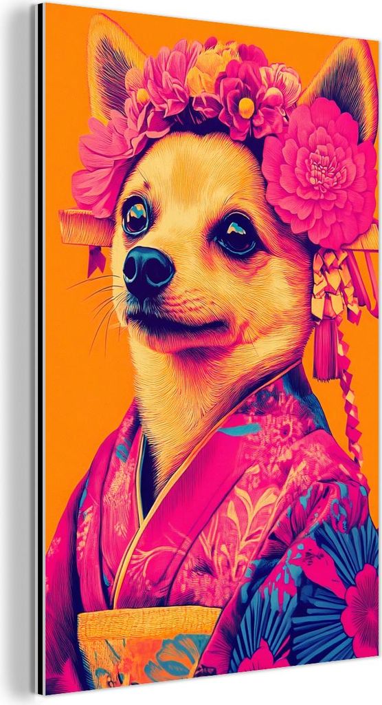 MuchoWow Wanddekoration Metall Metallbild Wandkunst 60x90 cm Kimono - Hündchen - Blumenkrone - Orange MuchoWow Aluminium Gemälde - Wandbilder - A...