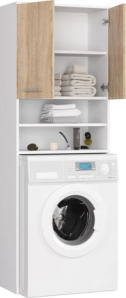 Mobile Lavatrice BDW 180x64x30 cm | Armadio Bagno Bianco e Rovere Sonoma