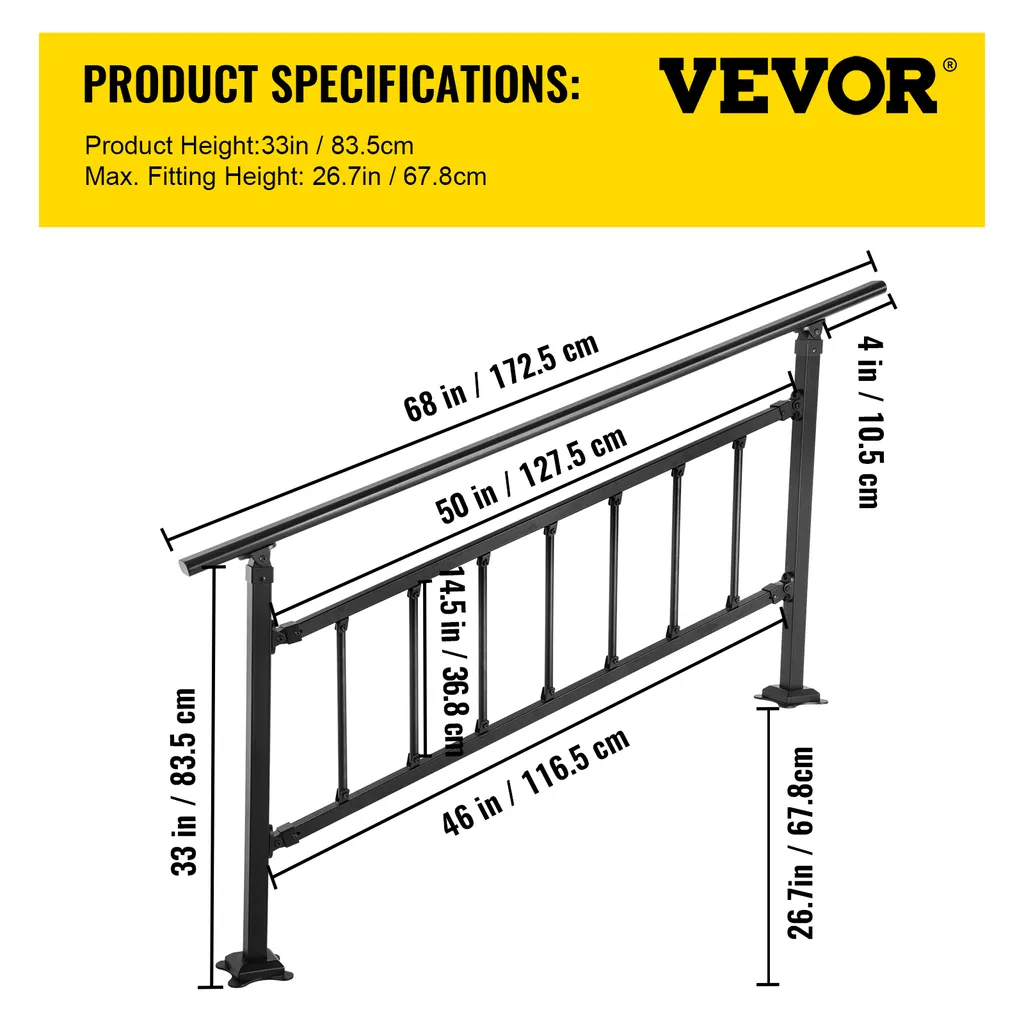 Garde-corps réglable 172,5 cm - Rampe pour marches avec angle ajustable