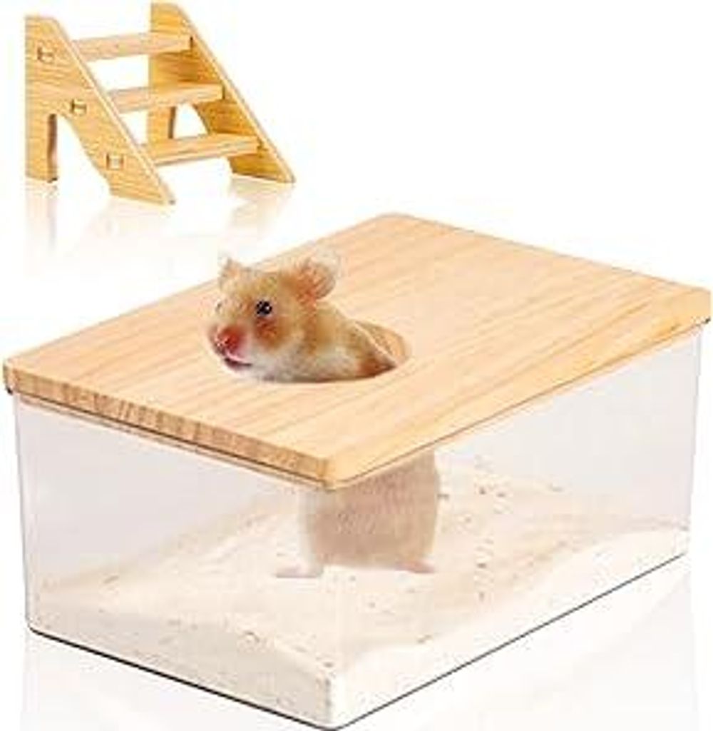Transparenter Acryl Hamster Sandbad Box: Quadrat Badezimmer Mit Naturholzabdeckung, Treppe Für Mäuse, Lemminge, Rennmäuse, Kleintiere Oder Ander...