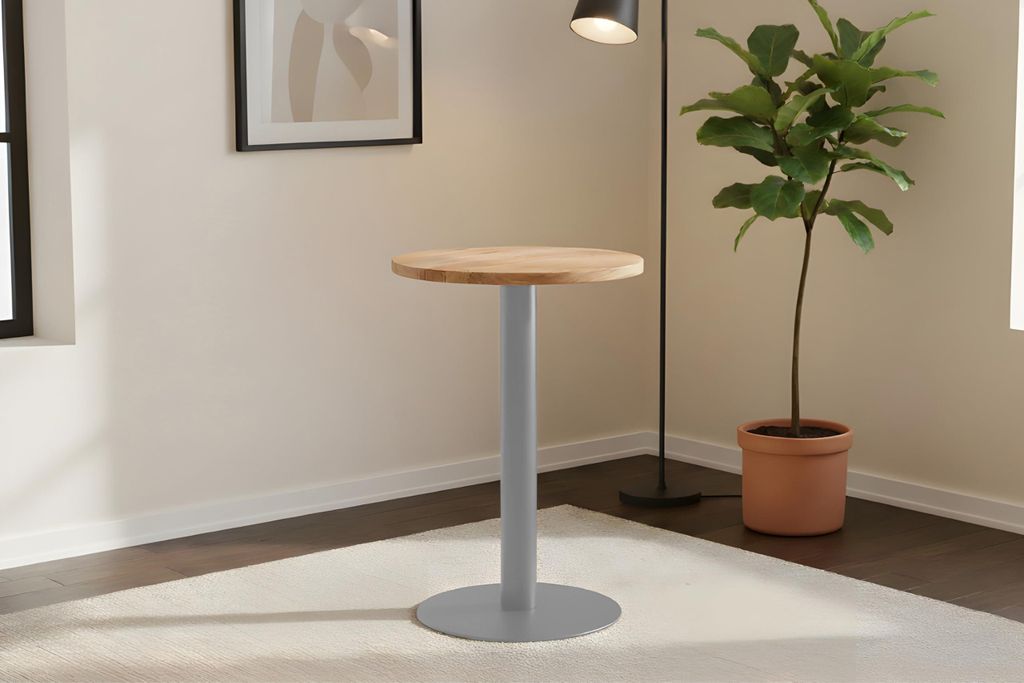 Bistrotisch Emilio | Ø 60 cm Rund | Akazienholz massiv | Farbe: Natur | gerade Kante | silbernes Säulengestell aus Metall runde Base | Säulentis...