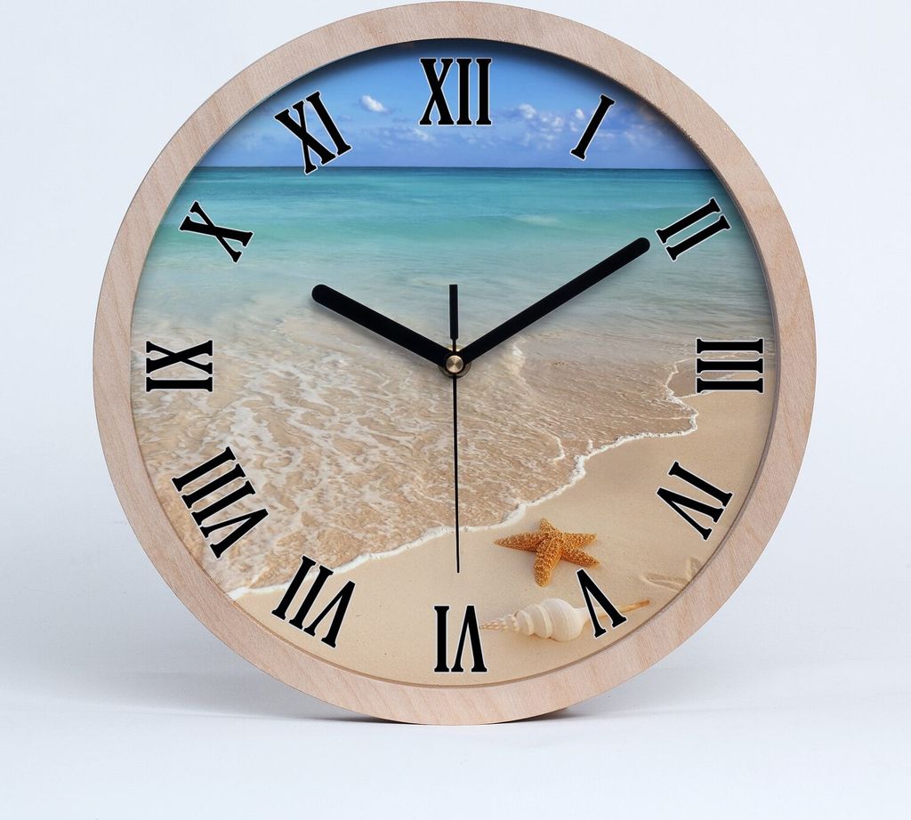 Holzuhr 20fi cm wanduhr - schwarze Spitzen - Seestern am Strand