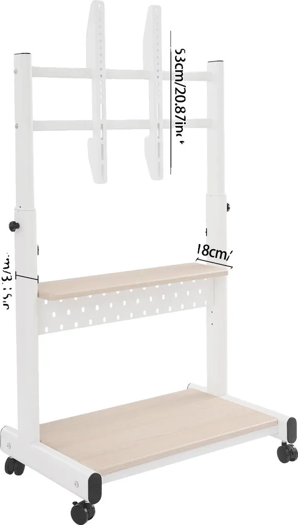 Support TV sur pieds blanc avec roues, hauteur réglable design moderne