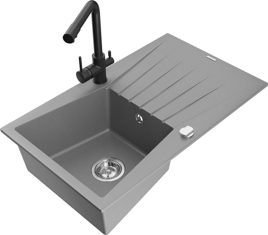 Mexen Cesar 1 Becken-Granitspüle mit Abtropffläche und Mischbatterie Duero, Grau - 6514-71-671600-70