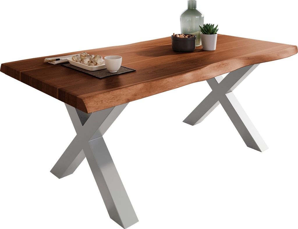 Esstisch Baumkante massiv Akazie Nuss 180 x 90 X-Gestell silber ATLAS