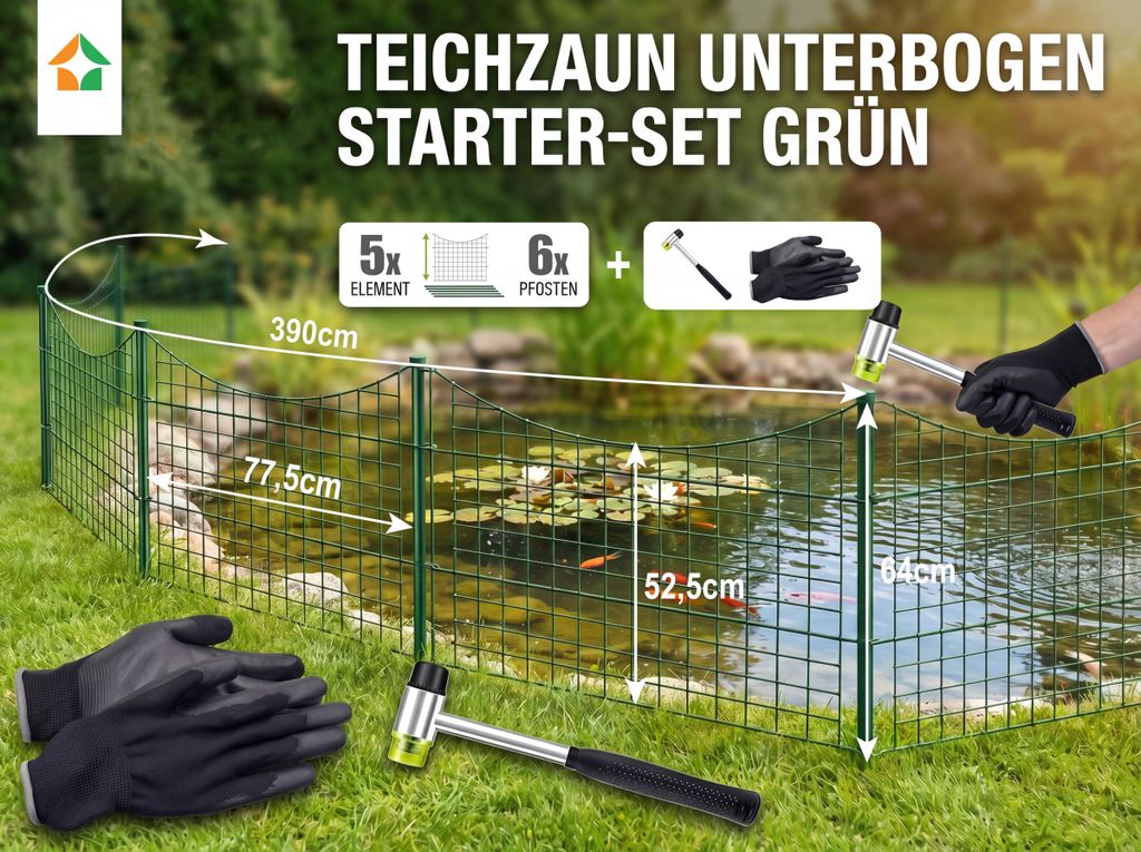 Teichzaun Unterbogen Set - 5 Elemente inkl. Hammer & Produktbild 