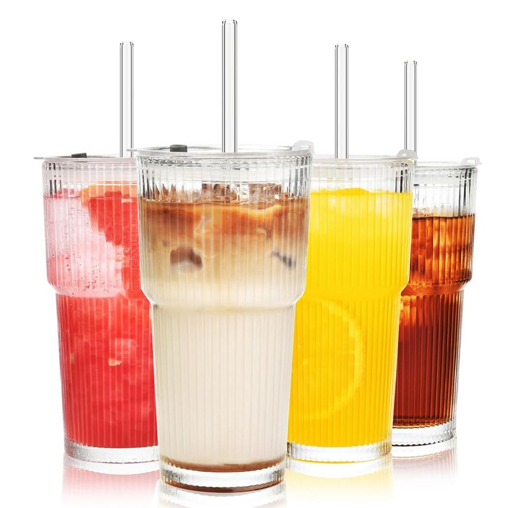 Gläser-Set Gerippte Glasbecher mit Deckel und Strohhalm 4-tlg., luftdichtes und wasserdichtes Design, ideal als Kaffee