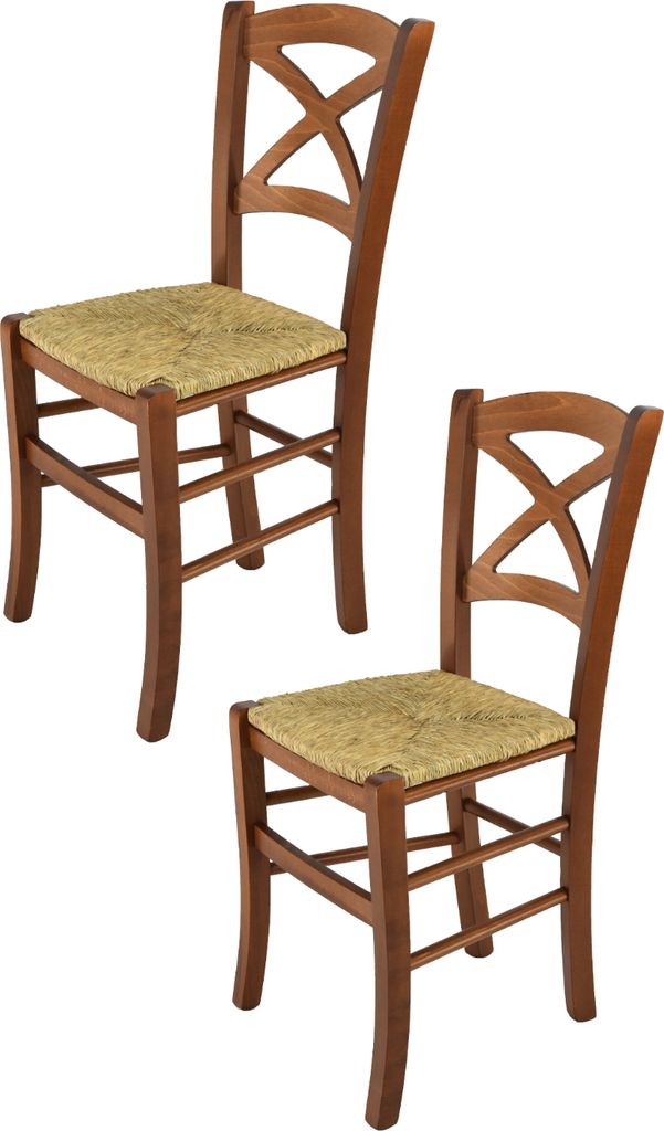 t m c s Tommychairs - 2er Set Stühle CROSS für Küche und Esszimmer, robuste Struktur aus lackiertem Buchenholz im Farbton Helles Nussbraun und S...