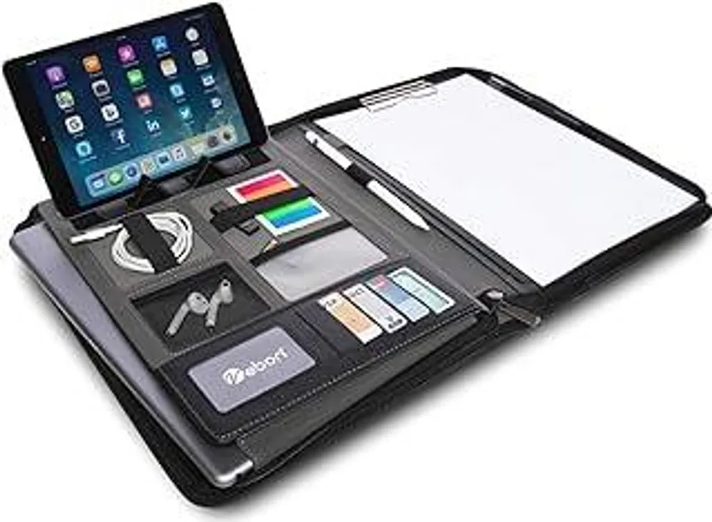 Cartella conferenze Vebon A4 London in con cerniera I Cartella portadocumenti + custodia per laptop I 2in1 I Supporto per smartphone + blocco per appunti (nero)