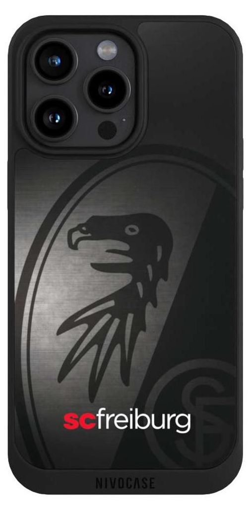 NIVOCASE Handyhülle für Apple iPhone 15 Pro Max Hülle NIVOpure Case Schwarz Metallic Look Offizielles Lizenzprodukt SC Freiburg