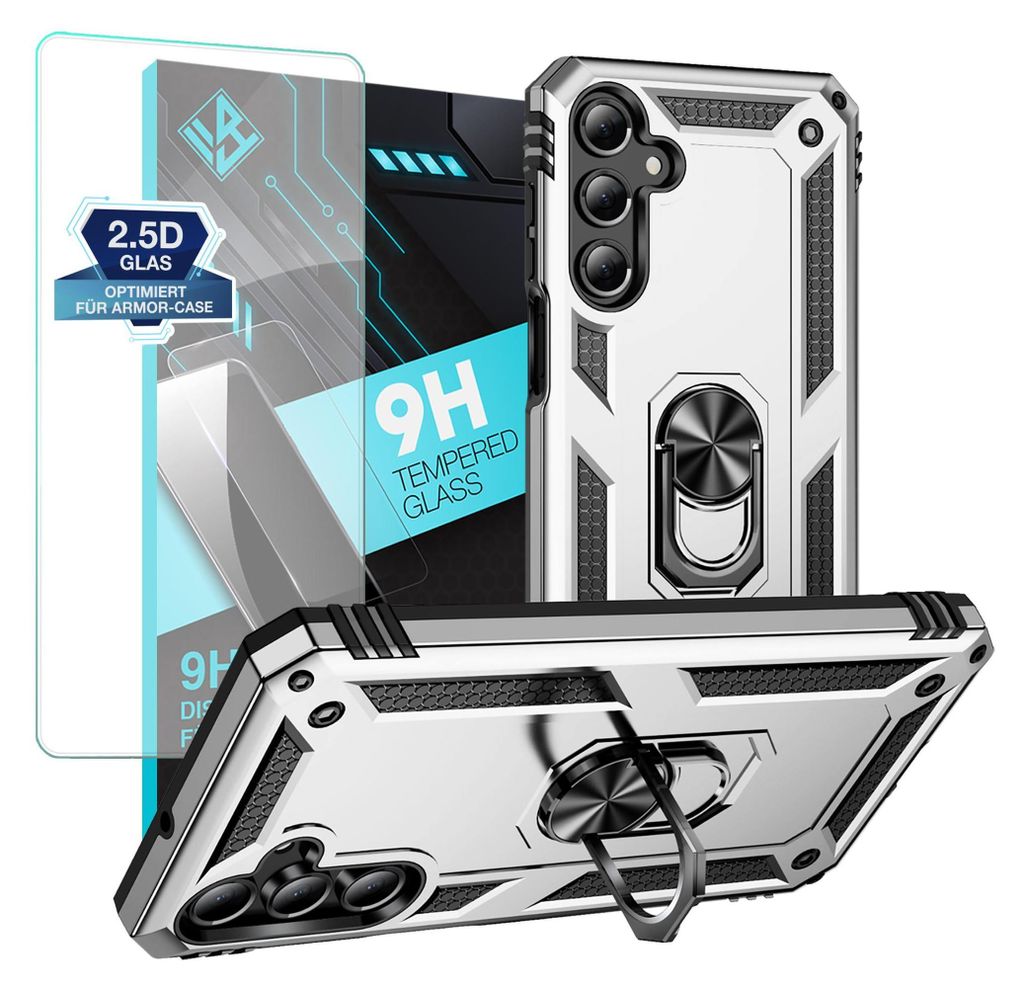 A silver phone case and screen protector are displayed against a white background.