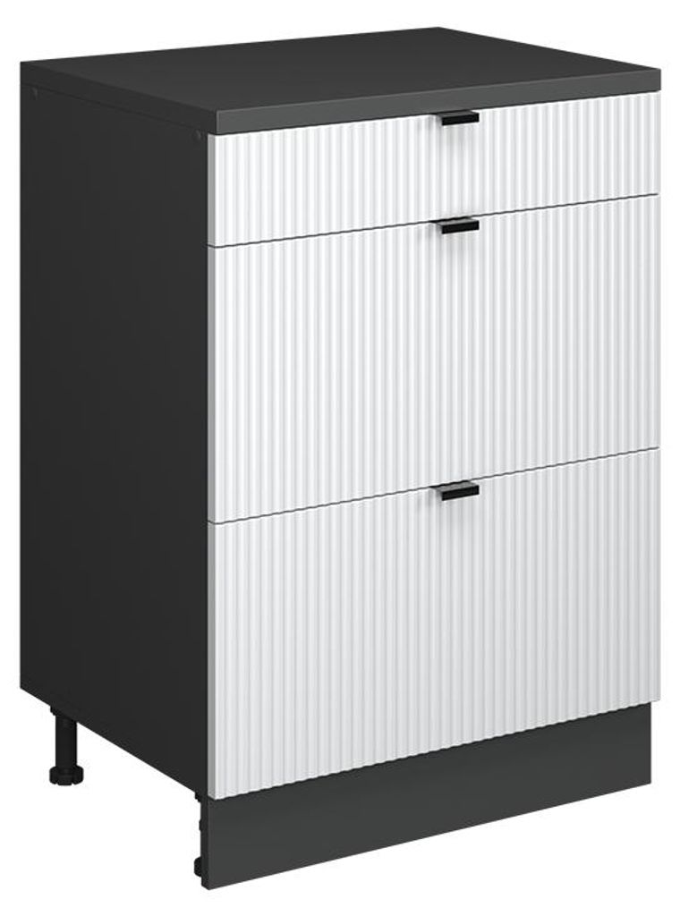 Küchenschrank für Dachschrägen Vicco R-Line Weiß Riffel 60 cm ohne Schräge mit 3 Schubladen, Model 61708