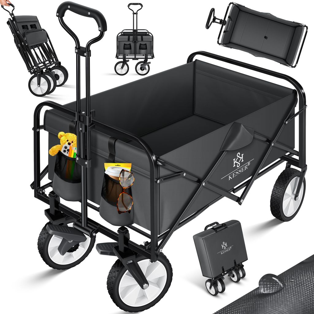 KESSER® Bollerwagen faltbar Handwagen Transportkarre Gerätewagen | inkl. 2 Netztaschen & Cover | klappbar | PVC-Reifen | bis 80 kg Tragkraft transportwagen Gartenanhänger ohne Dach