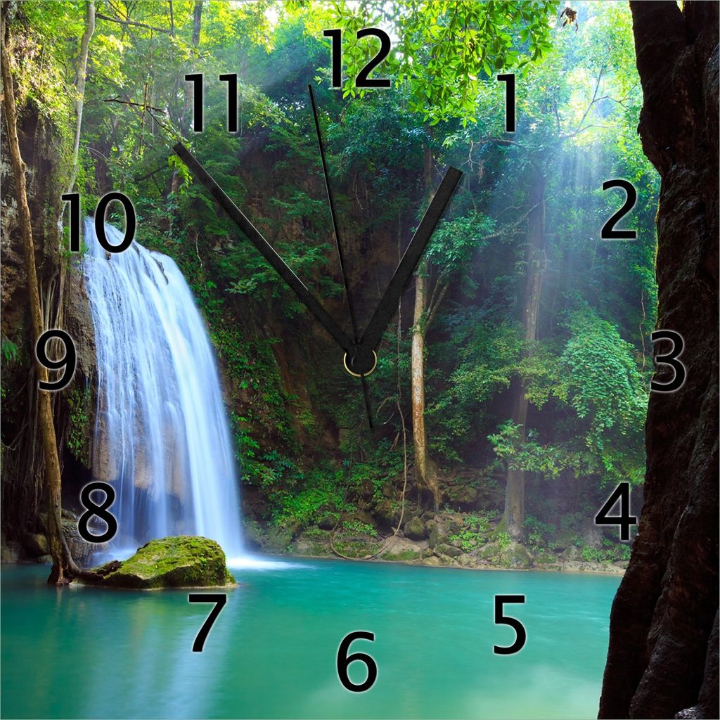 Wallario Design Wanduhr Wasserfall im Wald am See Idylle in Thailand aus Echtglas, Größe 30 x 30 cm
