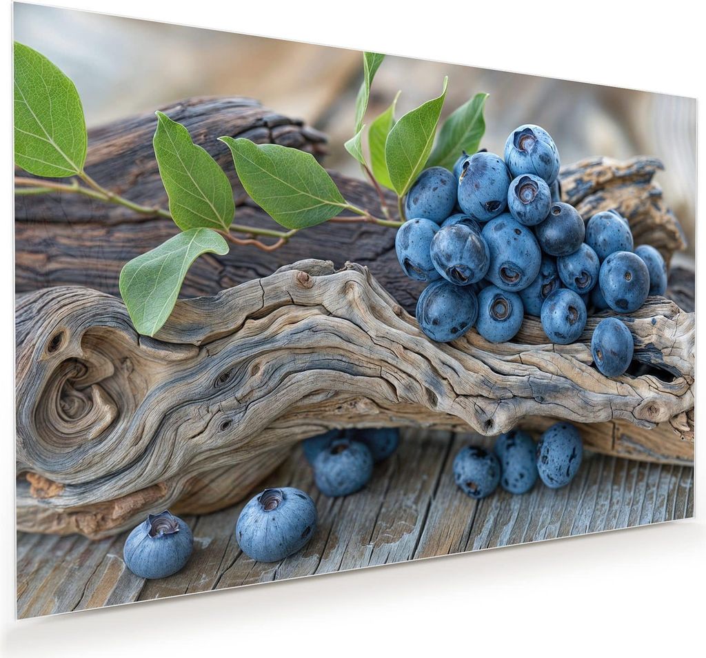 Glasbild 120x80cm in XXL für Wohnzimmer, Schlafzimmer Motiv Blaubeeren auf Holz