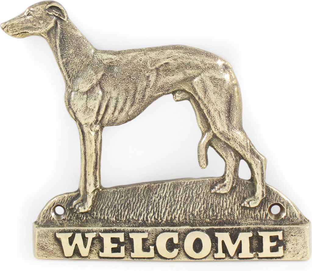 Whippet, Kleiner Englischer Windhund - Türschild mit Hund, messingfarbenes Willkommensschild, einzigartiges Schild mit der Aufschrift Welcome von ...