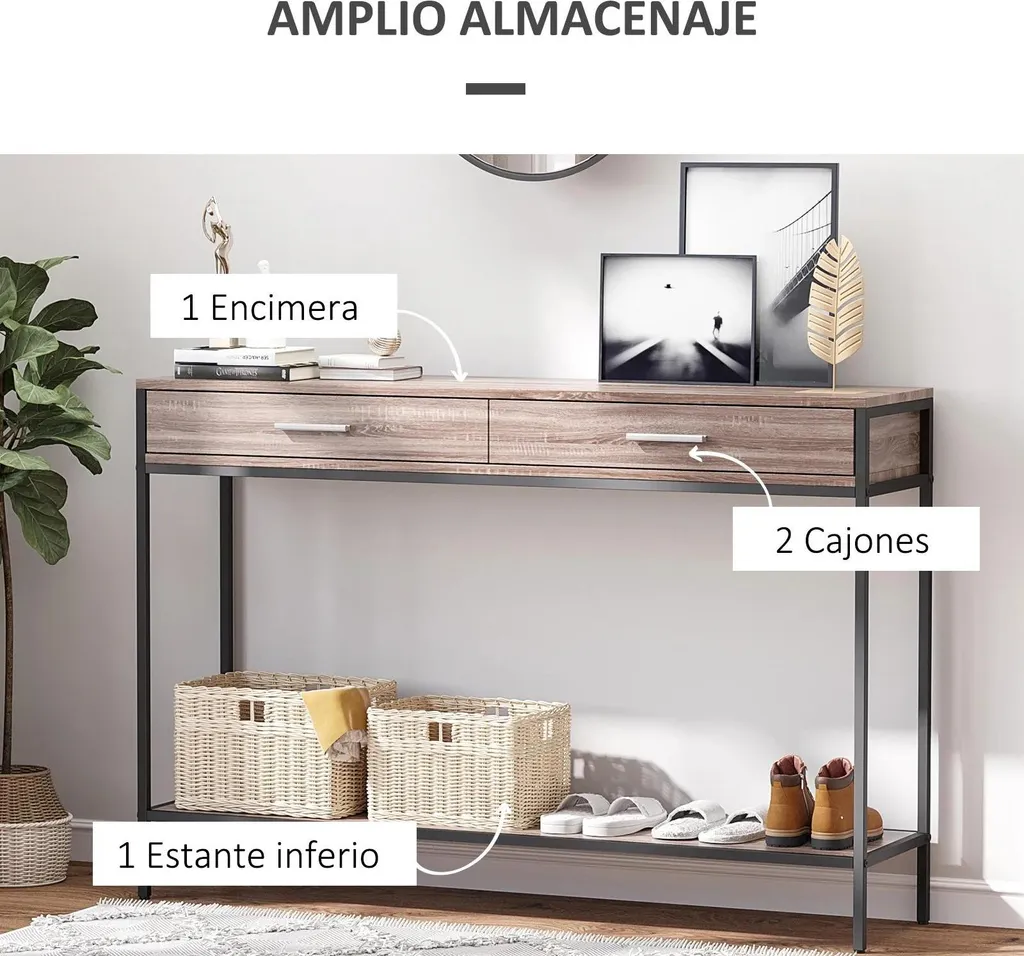 Table Console d'Entrée en Chêne avec Rangement et Étagère Basse 120cm