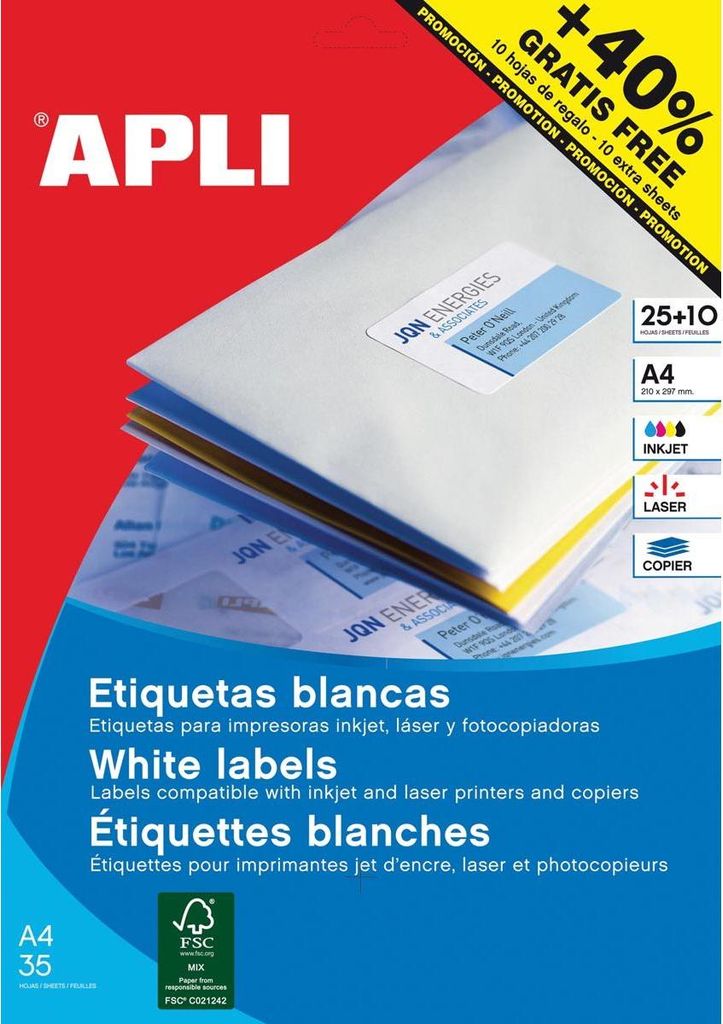 Apli – Etiketten ft 70 x 37 mm (B x H), rechtwinklig, 600 Stück, 24 pro Blatt (1212)