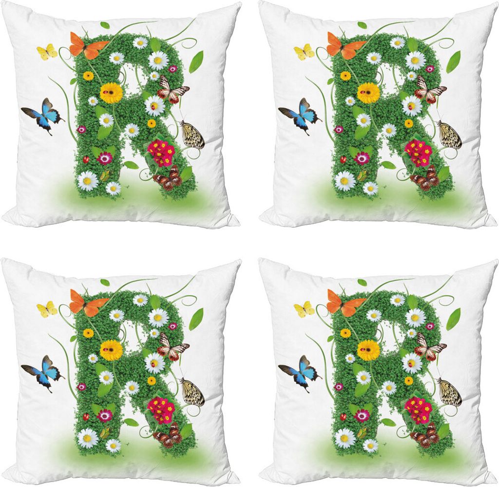ABAKUHAUS Buchstabe R Kissenbezug Set (4 Stück), Flora und Fauna R, Moderner Doppelseitiger Digitaldruck, 50 cm x 50 cm, grün Multicolor