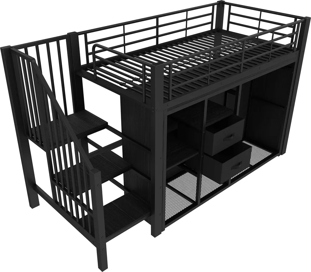 Lit Combiné Mezzanine Noir 90x200 avec LED et Multiples Rangements Chic - 12