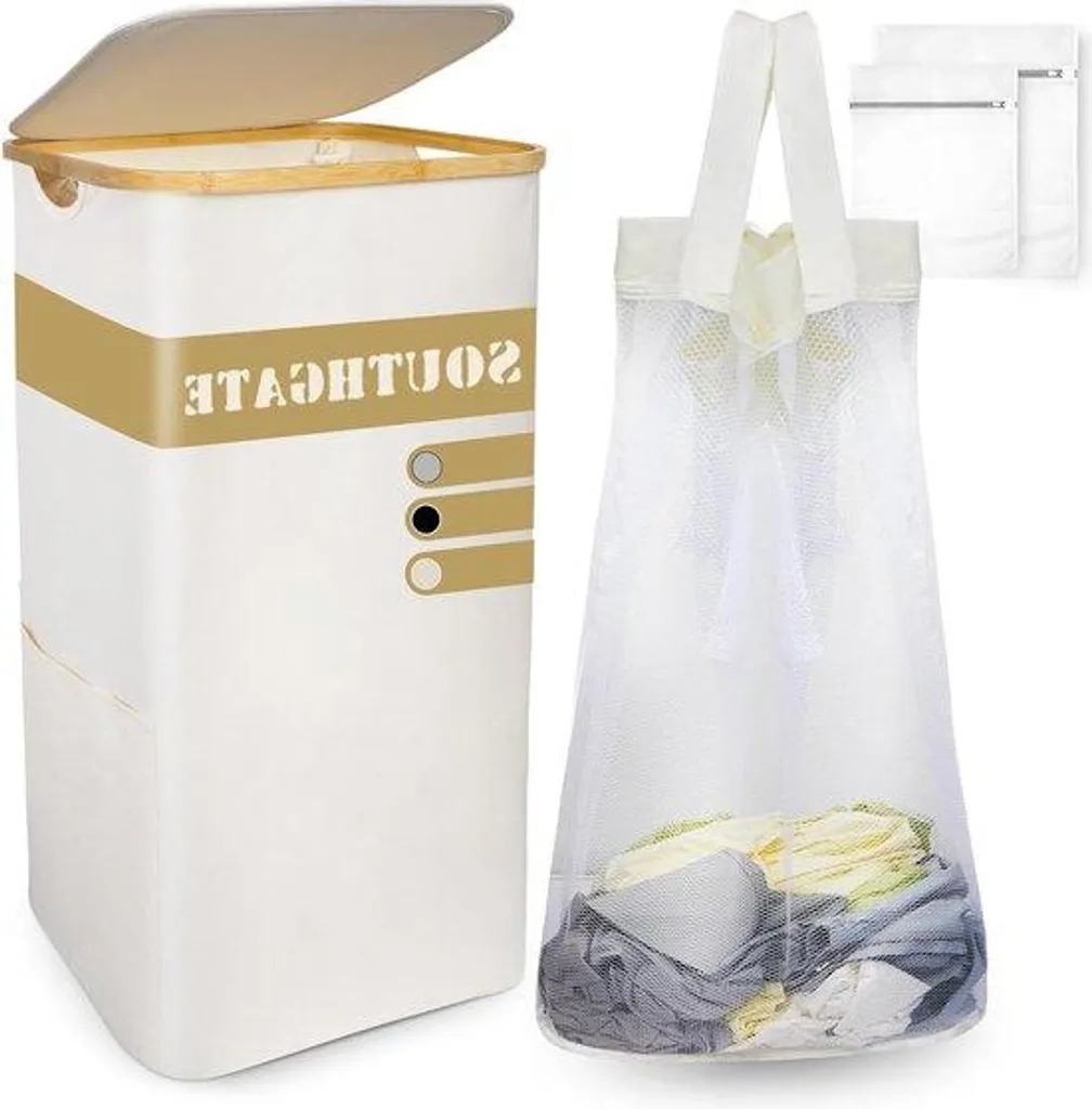 Panier à linge blanc 100 litres idéal famille avec couvercle en bambou