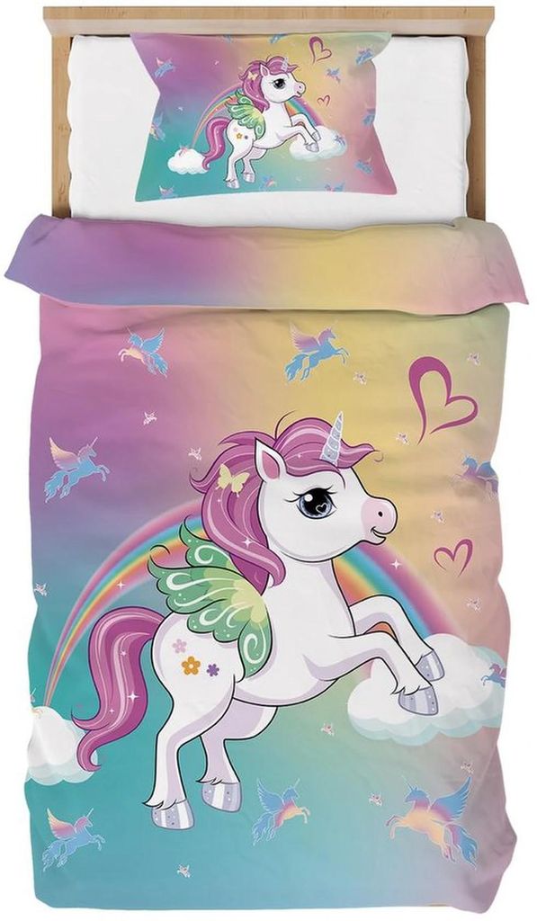 Unyqoos weiche und atmungsaktive Kinderbettwäsche mit niedlichem Einhorndesign für Mädchen – zweiteiliges Set