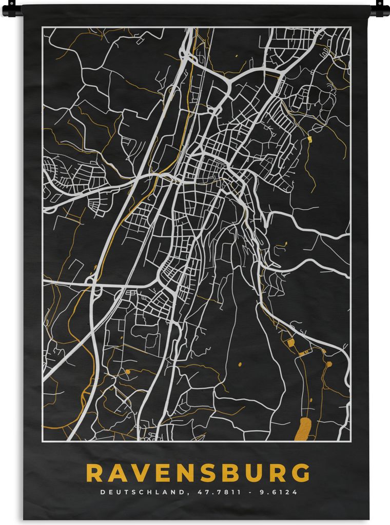 MuchoWow Wandteppich Wandbehang Gold - Deutschland - Karte - Stadtplan - Ravensburg 90x135 cm Tapisserie Dekoration Wandtuch - Baumwolle - Wandsk...