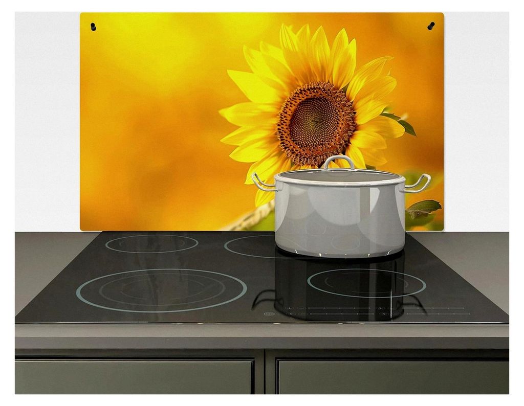 Spritzschutz Küchenrückwand Vinyl 83x51 cm Wanddeko für die Küche, Abdeckplatte für Glaskeramikkochfeld mit Sonnenblume - Gelb