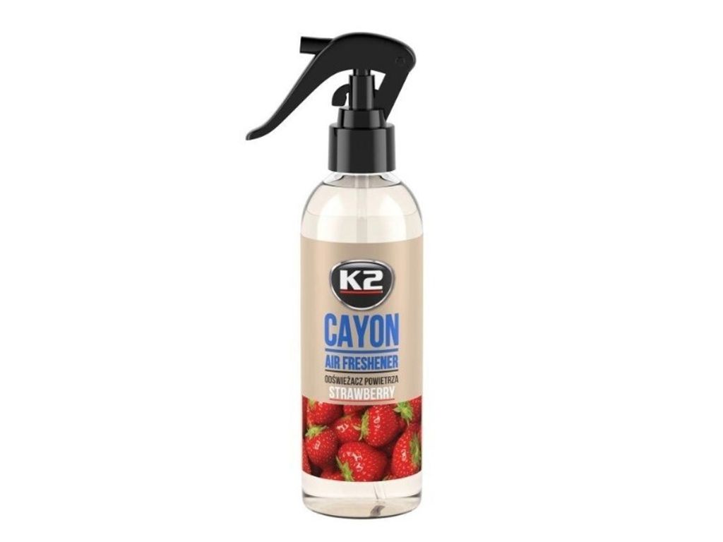 A bottle of K2 Cayon Air Freshener with a strawberry scent.
