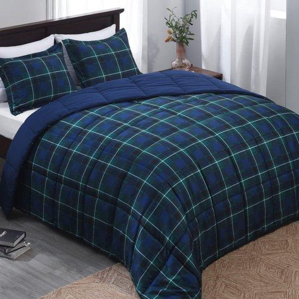 Famanu Queensize Bettwäsche Set - Marineblau und Grün Buffalo Karomuster