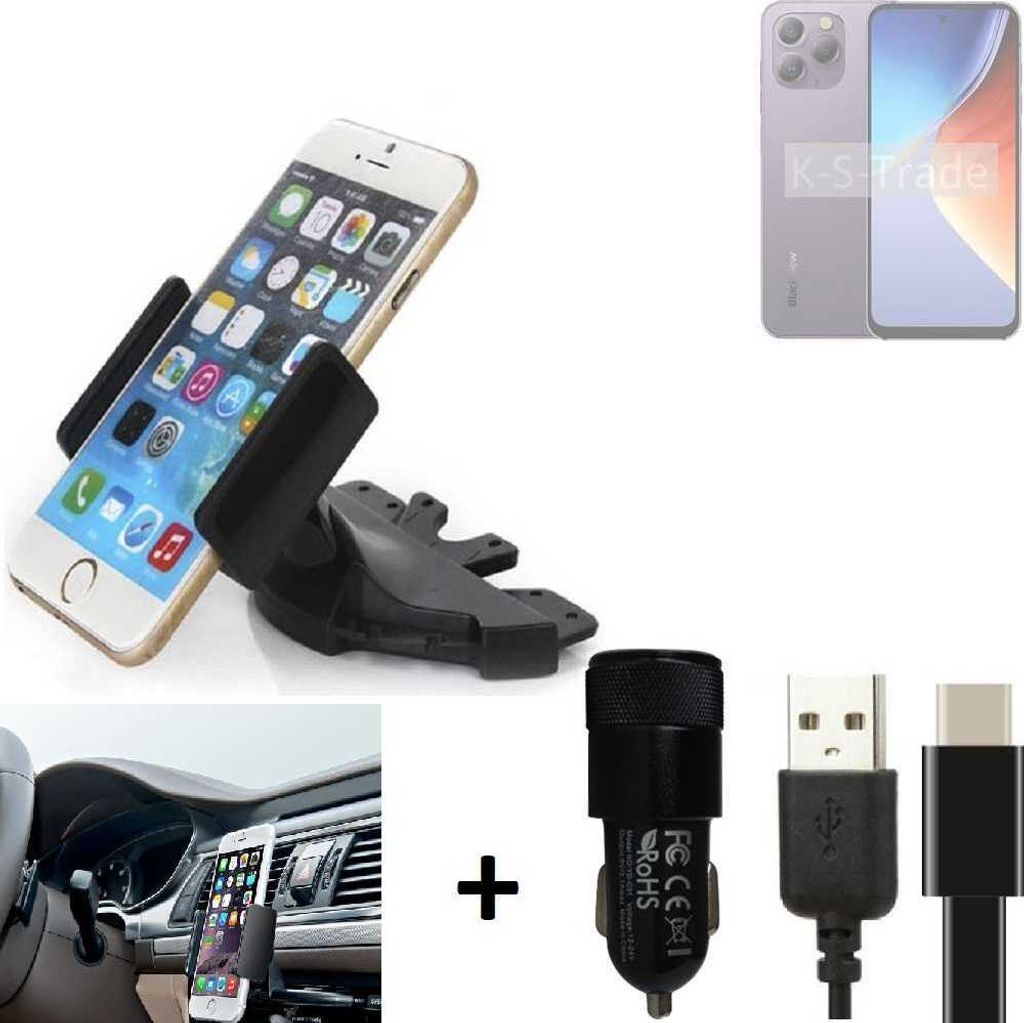 K-S-Trade CD Schlitz Handy-Halterung kompatibel mit Blackview A96 Autohalterung KFZ-Halter Radio Handy Halterung 360° drehbar CD-Schacht inkl. USB-C
