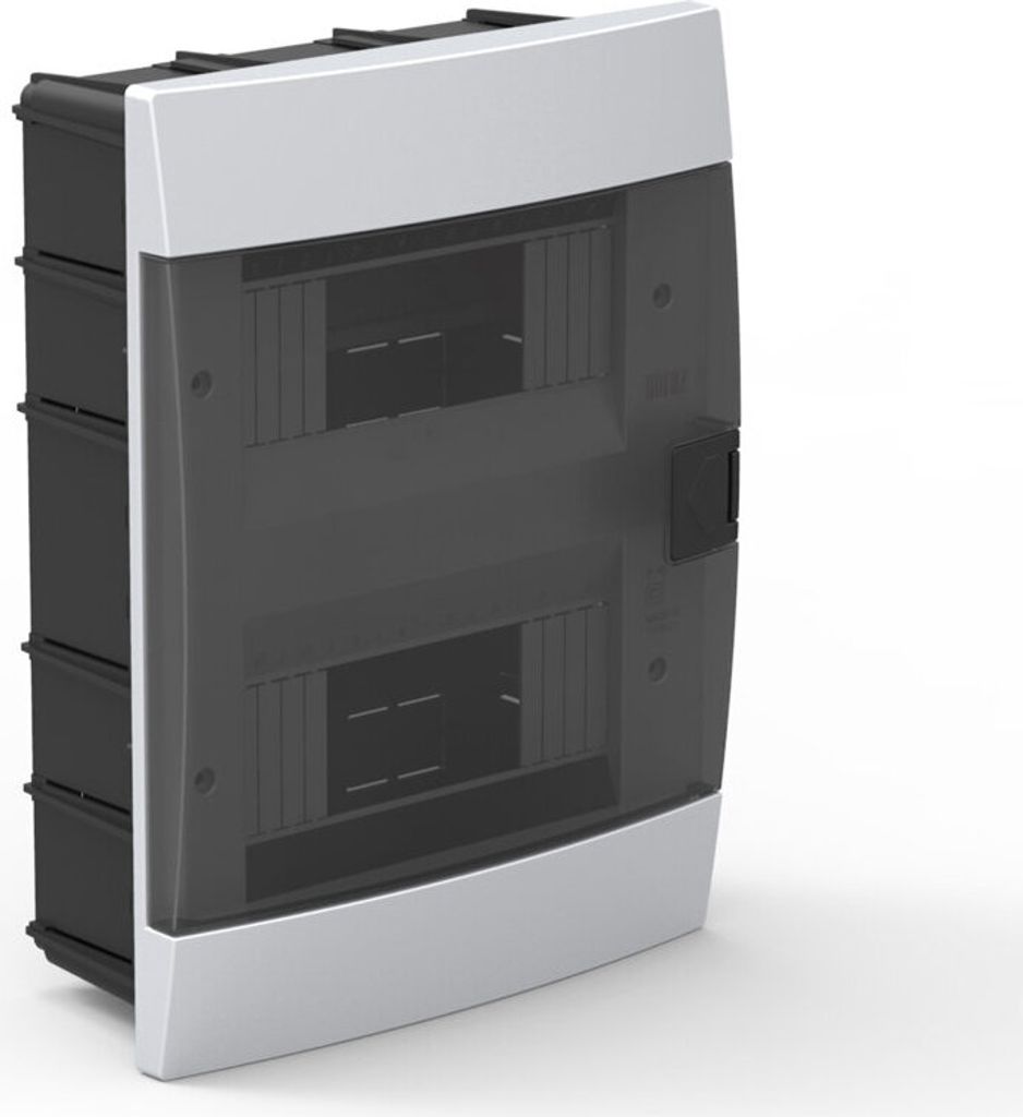 A white and gray electrical distribution box with a smoked transparent cover.