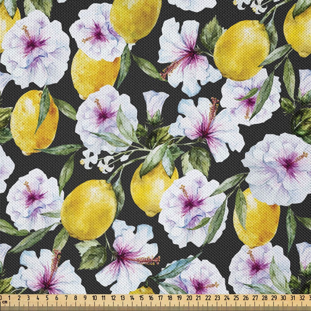 ABAKUHAUS Blumen Satin Stoff als Meterware, Tropische Hibiskus-Blüten-Blumenblätter mit Zitronen-Natur-Ernte-Frühlings-Essenz-Bild, 3 M (148 x 3...