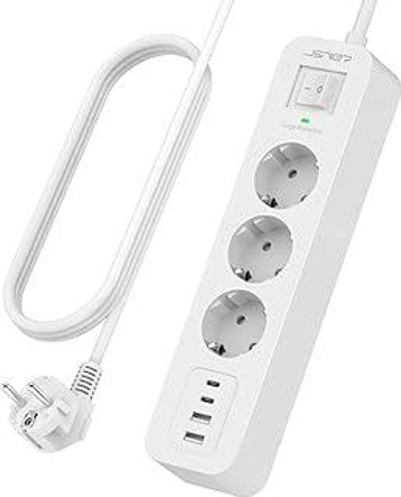 JSVER Steckdosenleiste Überspannungsschutz 3 Fach mit 2 Typ C und 2 USB A Ladeanschlüsse, Mehrfachsteckdose Wandmontage mit Schalte, 2M Kabel fü...
