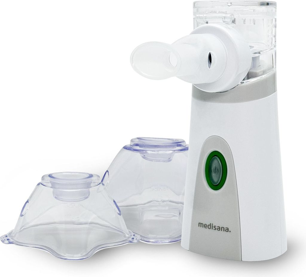 A white medisana inhaler with two clear plastic accessories is shown against a white background.
