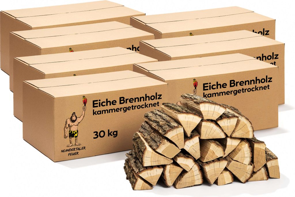 Neandertaler Feuer Brennholz Eichenholz Kaminholz - Grillholz 25 cm 210 kg | Hartholz Eichen Feuerholz | Holz für Grill Kamin Smoker Ofen | Firewood