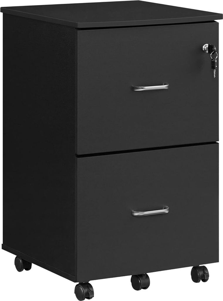 VASAGLE Rollcontainer mit Schloss und Schubladen, abschließbarer Aktenschrank mit verstellbarer Hängeregistratur, Granit schwarz