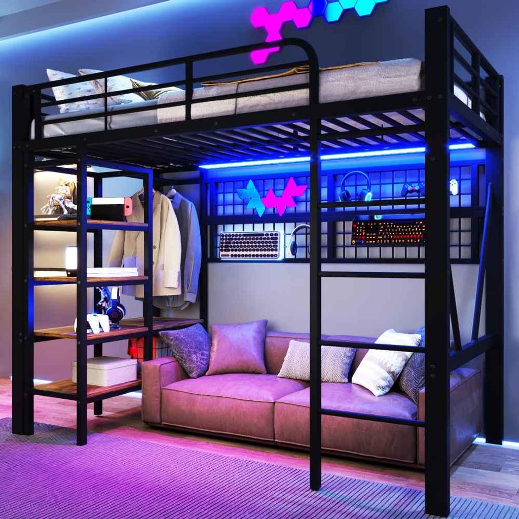 Schwarzes Metall-Hochbett mit LED, Ablagefach & Kleiderstange, ideal für Stauraum & Organisation, inkl. Aufhängnetz, 90 x 200 cm.