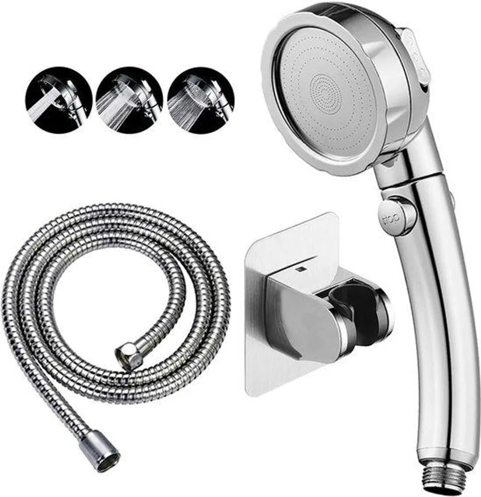 Douchette à main haute pression 3 modes avec flexible chromé et support