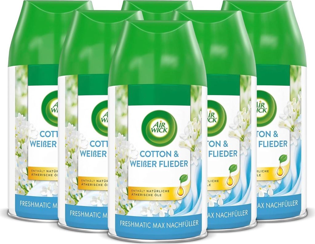 Air Wick Freshmatic Max Raumspray – Nachfüller für den Air Wick Freshmatic Max – Duft: Baumwolle und Weißer Flieder – 6 x 250 ml Nachfüller