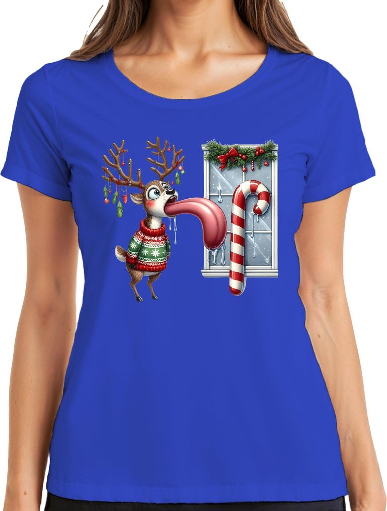 Weihnachtsrentier lange Zunge Zuckerstange lustig Eiszapfen ugly Damen T-Shirt, Blau, XXL