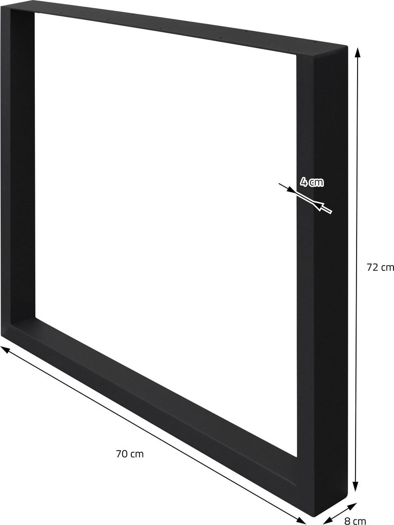 A black metal table leg frame with dimensions indicated.