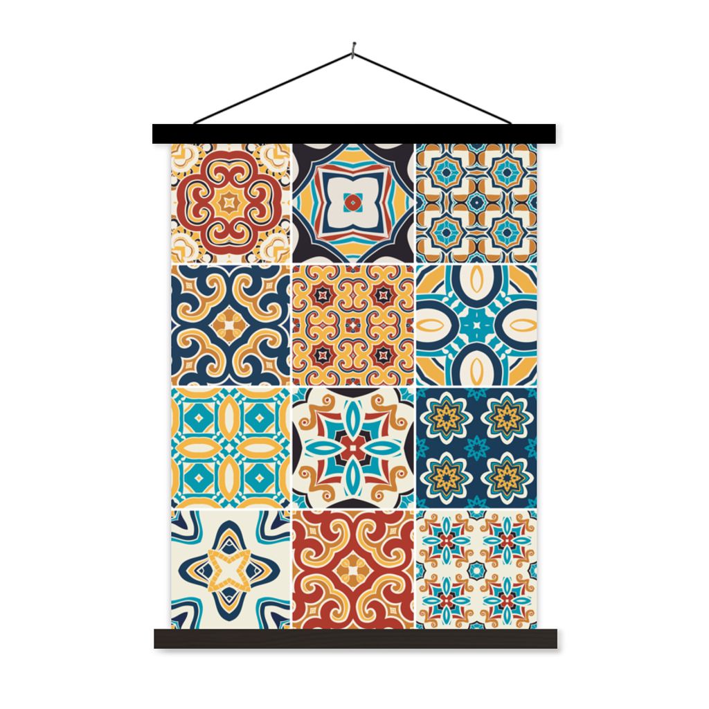 MuchoWow Textilposter Blumen - Vintage - Muster - Blau - Orange 60x80 cm mit schwarzem Rahmen - Plakathalter