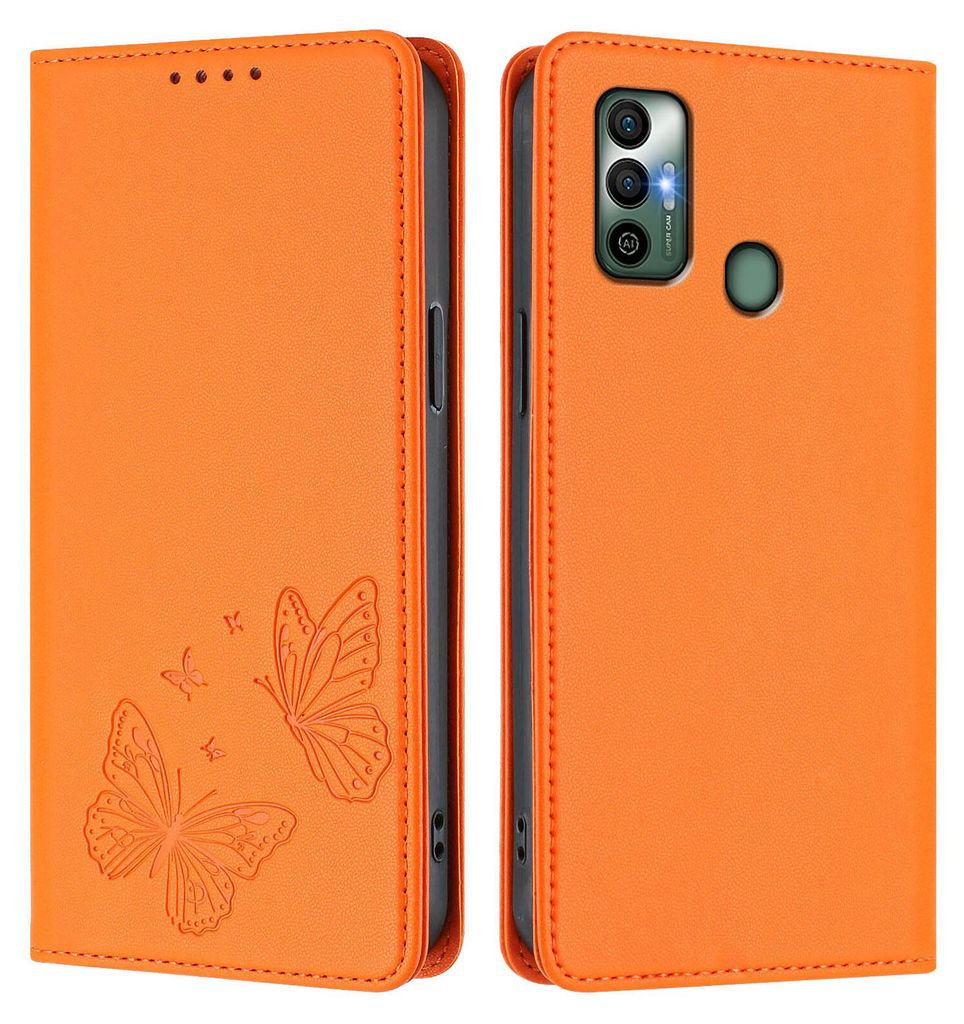 Lederhülle für Tecno Spark 7 /Spark 7T, Schmetterling Prägung Leder Brieftasche Schutzhülle mit Ständer Orange