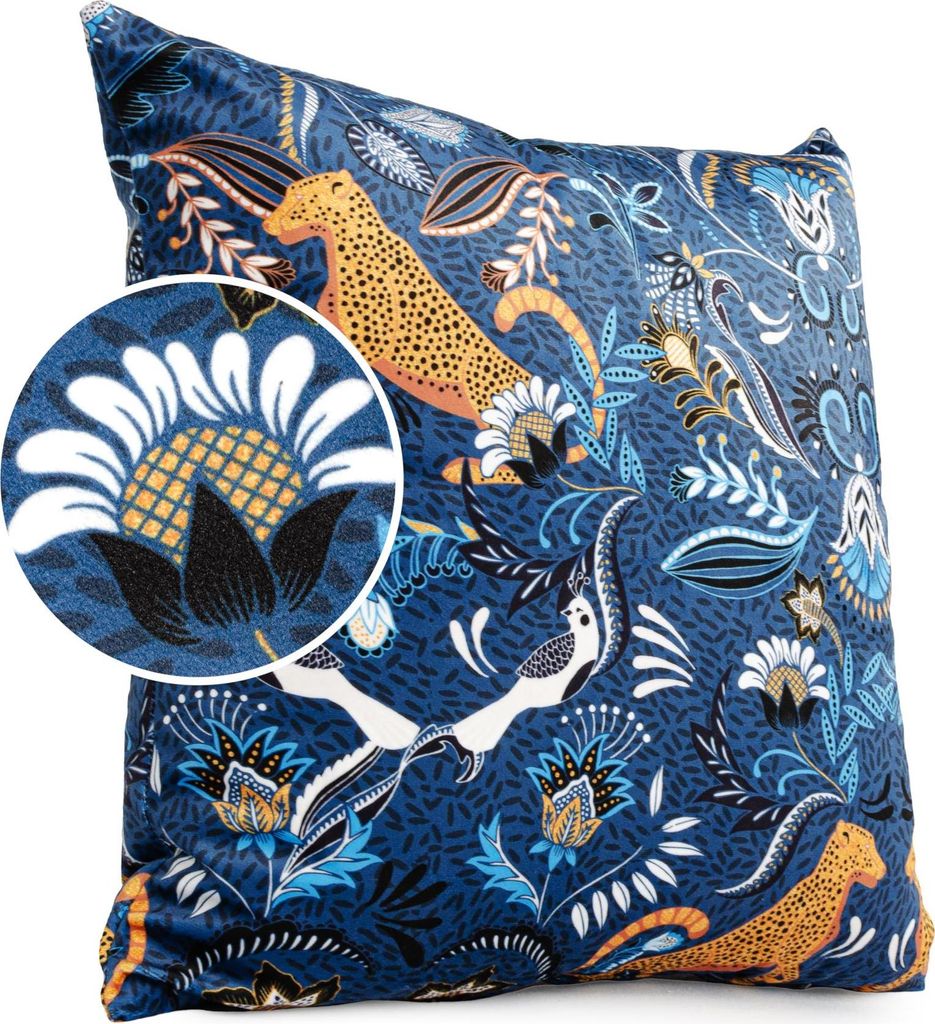 Dekokissen 40x40cm mit Motiv Dschungel Blau Velours Royal-Blau mit Füllung Kissehülle mit Reißverschluss