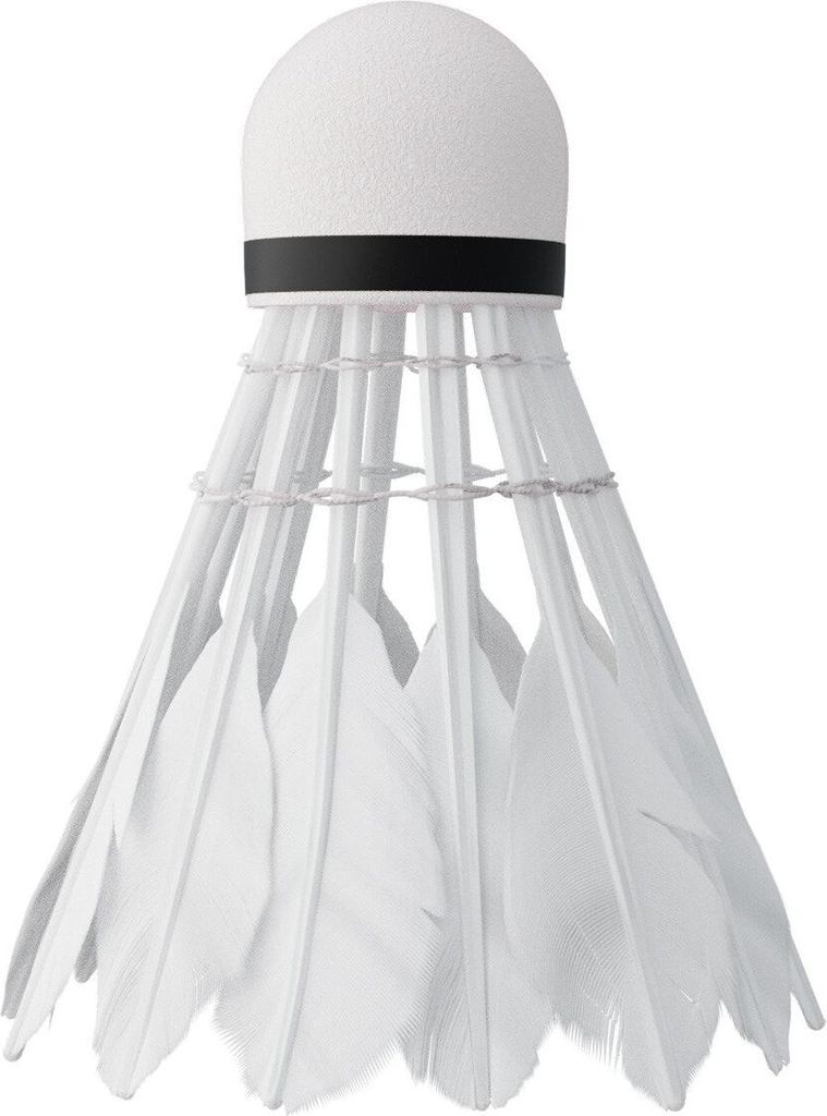 A single white badminton shuttlecock with a black band around its base, isolated on a white background.