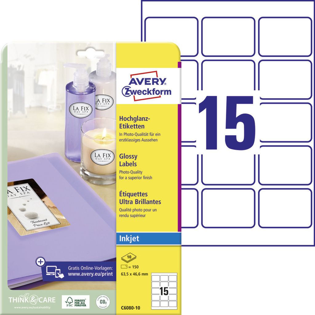 Avery Zweckform C6080-10 Hochglanz-Etiketten, A4, 63,5 x Produktbild 